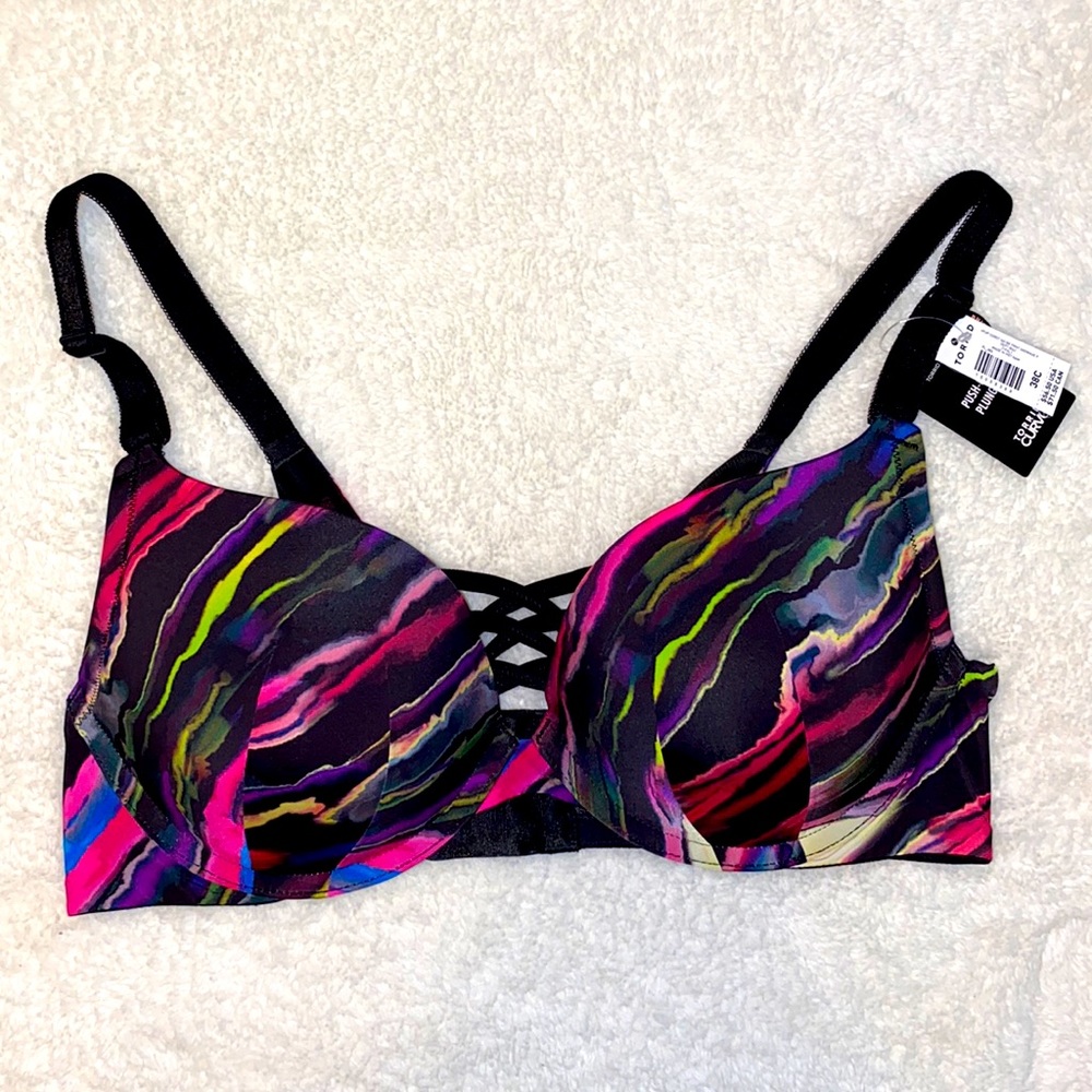 TORRID PUSH UP PLUNGE 38C BRA new with tags Black base Neón pinks purple green